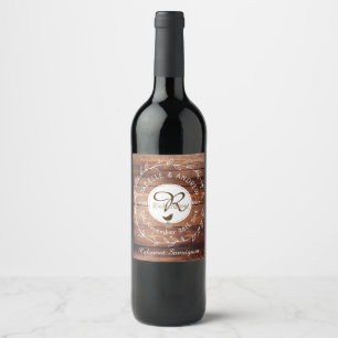 Woodland Wedding Monogram Wood Leaf Wreath Bird Wine Label