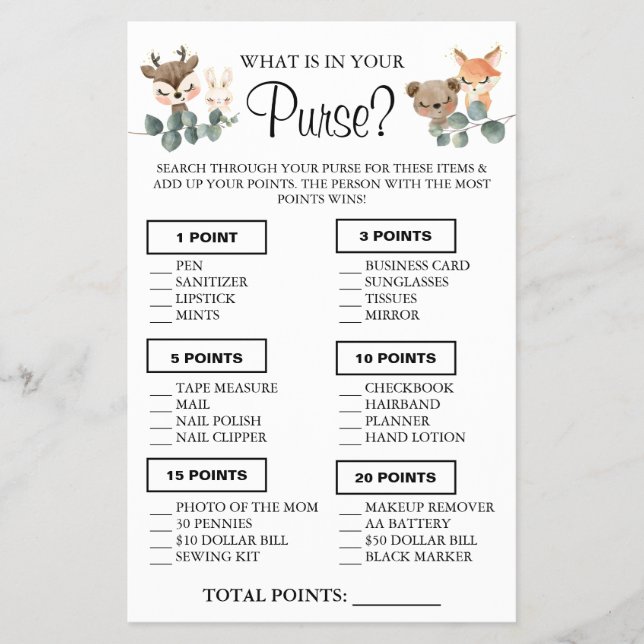 Woodland What is in your purse Shower game card (Front)