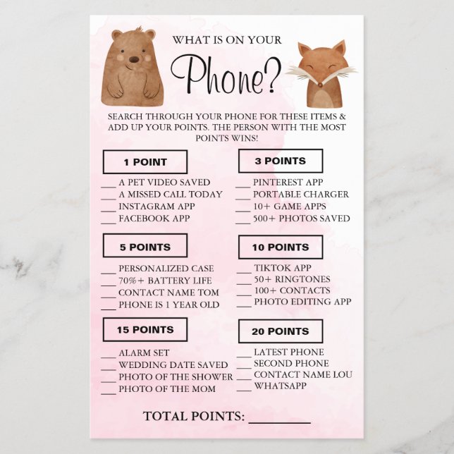 Woodland What is on your phone Shower game card (Front)