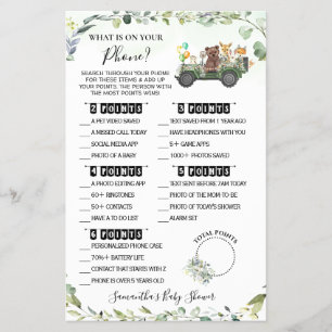 Woodland Whats on your Phone Baby Shower Game card