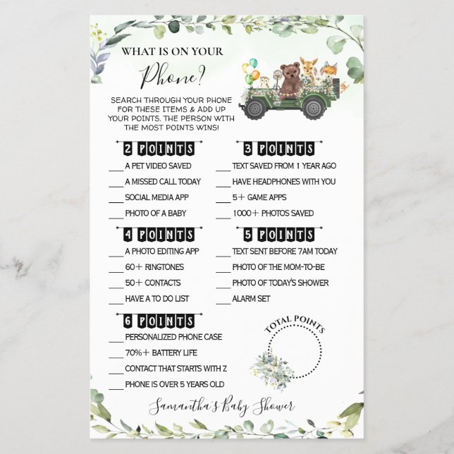Woodland Whats on your Phone Baby Shower Game card (Front)
