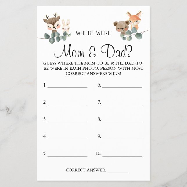 Woodland Where were They Baby shower game card (Front)