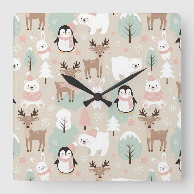 Woodland Whimsical Forest Animals Winter Square Wall Clock (Front)