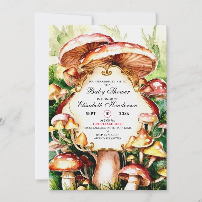 Woodland Whimsical Mushroom Baby Shower Invitation (Front)