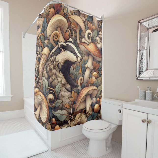 Woodland whimsical mushrooms badger natural colour shower curtain (In Situ)