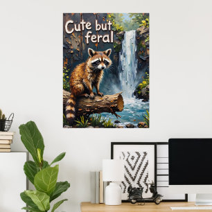 Woodland Whimsy: Racoon by the Falls Poster