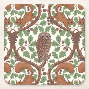 Woodland Whispers/Owls and Squirrels in the Oak/mo Square Paper Coaster