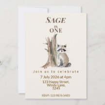Woodland Whispers Racoon Birthday Invitation