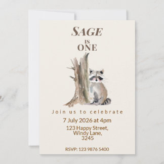 Woodland Whispers Racoon Birthday Invitation