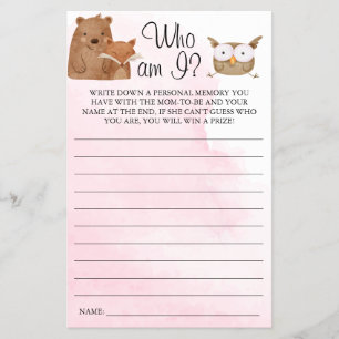 Woodland Who am I Baby shower game card