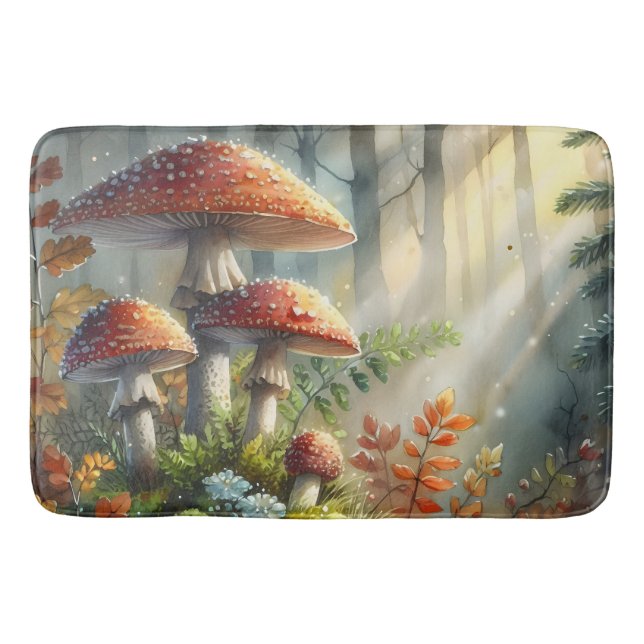 Woodland Wild Mushrooms Magical Forest Sunlight Bath Mat (Front)