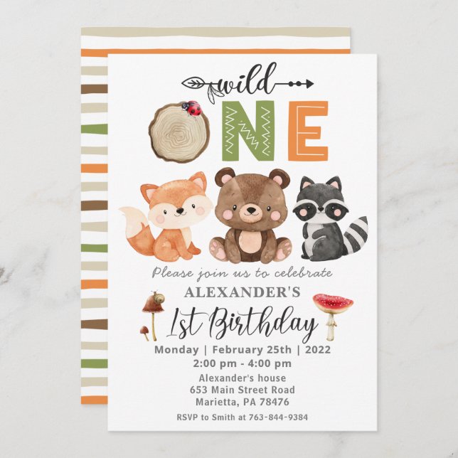 Woodland Wild One Bear Birthday Party Invitation (Front/Back)