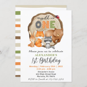 Woodland Wild One Bear Fox Racoon 1st Birthday Invitation