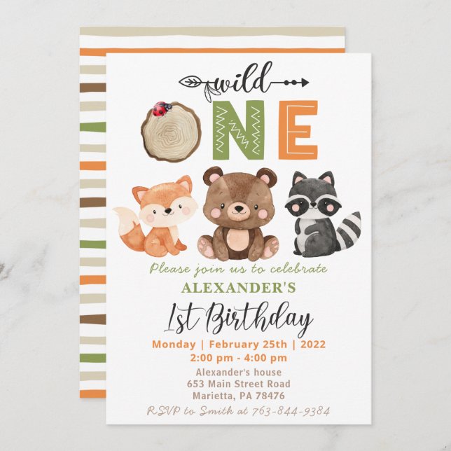 Woodland Wild One Bear Fox Racoon Birthday Invitation (Front/Back)