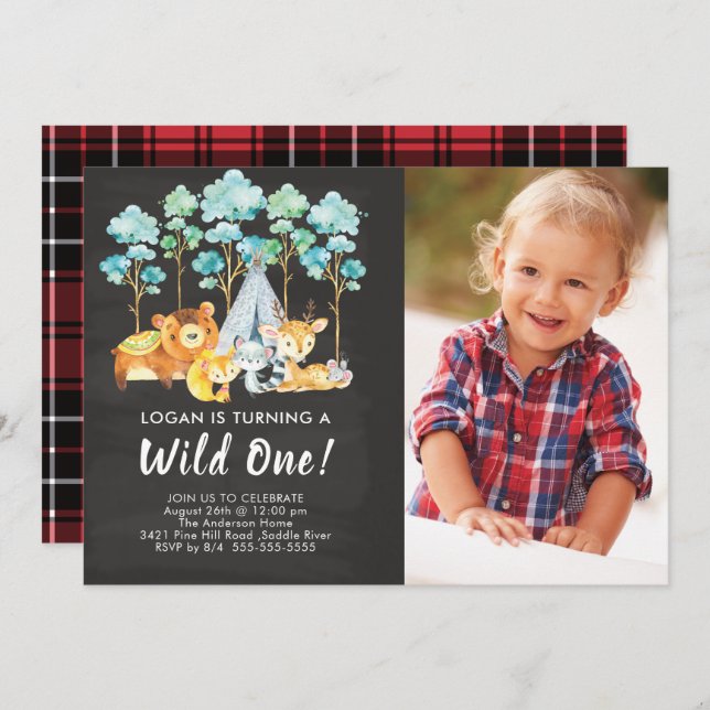 Woodland Wild One Birthday Invitation (Front/Back)