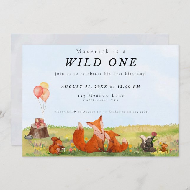 Woodland Wild One First Birthday Invitation  (Front/Back)