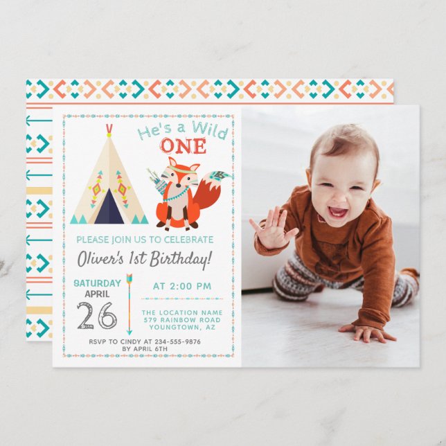 Woodland Wild One Fox Boho Boy 1st Birthday Photo Invitation (Front/Back)