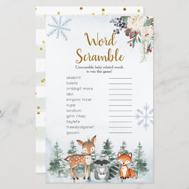 Woodland Winter Animal Forest Word Scramble (Front/Back)