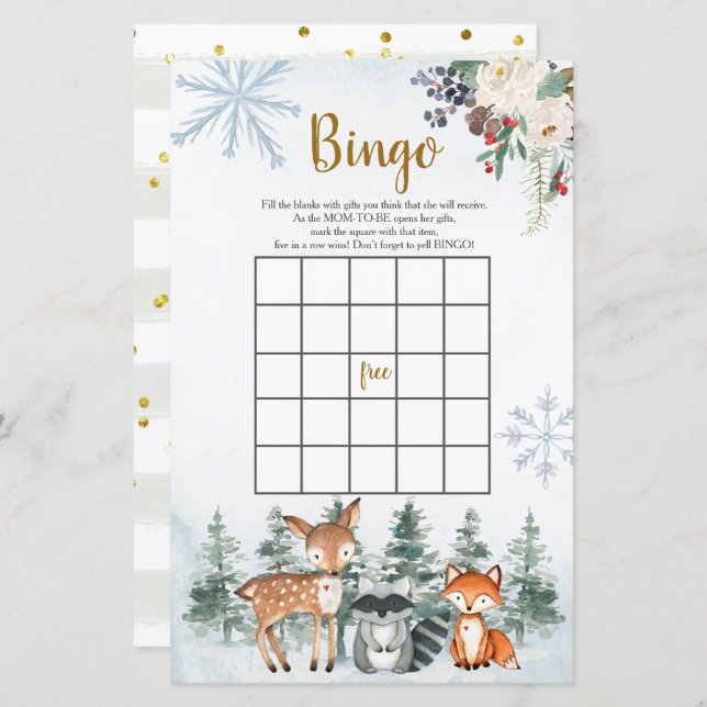 Woodland Winter Baby Shower Forest Animal Bingo (Front/Back)
