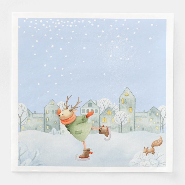 WOODLAND WINTER FRIENDS- ICE SKATING REINDEER NAPKIN (Front)