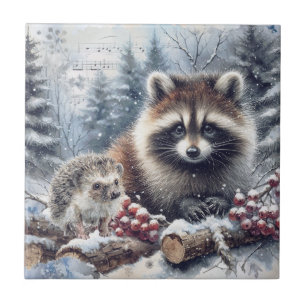 Woodland Winter Hedgehog Raccoon Christmas Ceramic Tile