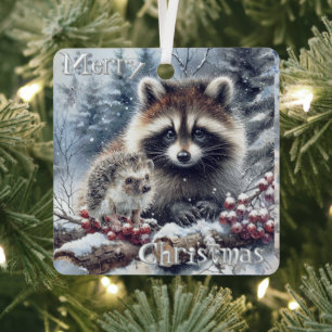 Woodland Winter Hedgehog Raccoon Christmas Metal Tree Decoration