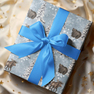 Woodland Winter Moose Christmas Tree  Snowflake Wrapping Paper