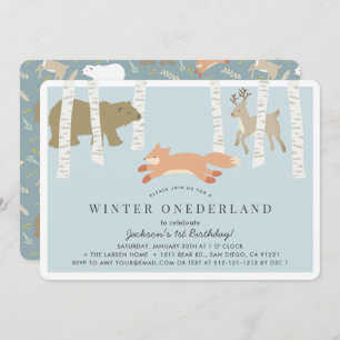 Woodland Winter Onederland Blue 1st Birthday Invitation