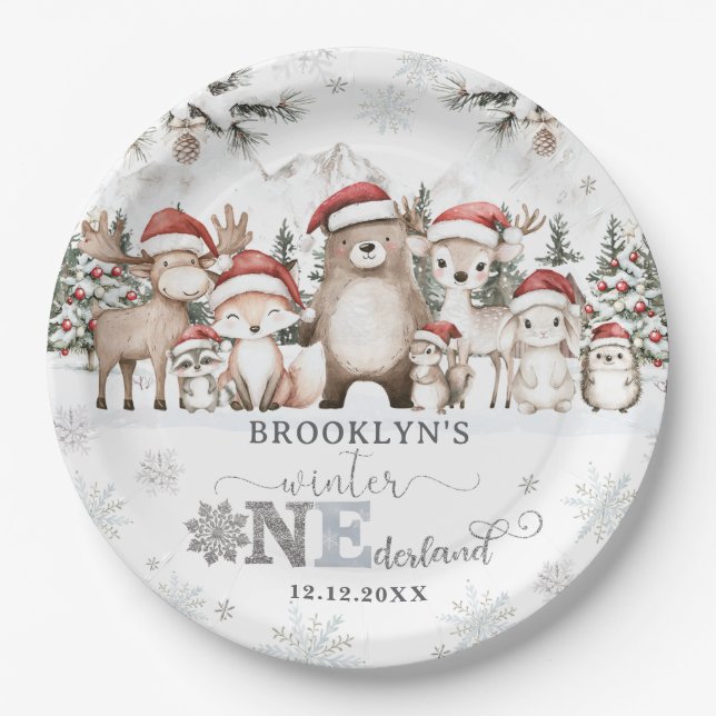 Woodland Winter ONEderland Christmas 1st Birthday Paper Plate (Front)