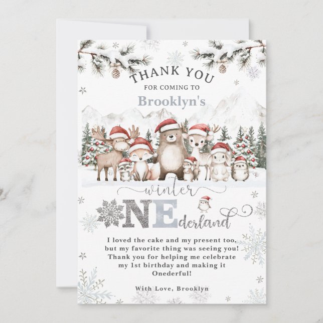 Woodland Winter ONEderland Christmas 1st Birthday Thank You Card (Front)