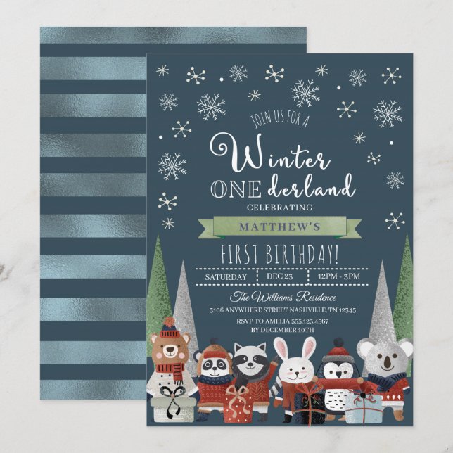 Woodland Winter Onederland First Birthday Invitation (Front/Back)