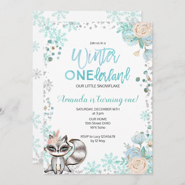 Woodland Winter ONEderland Snow Birthday Invite (Front/Back)