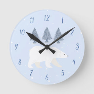 Woodland Winter Polar Bear Nursery Decor Round Clock