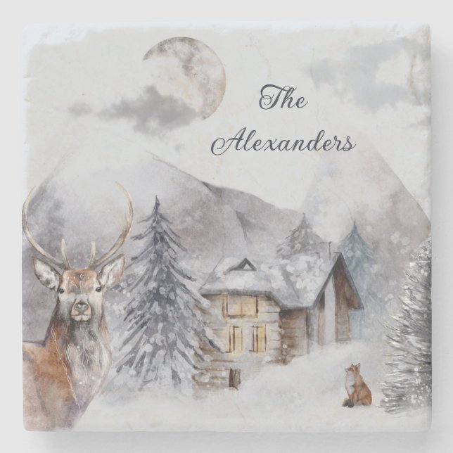 Woodland Winter Watercolor Family Name Monogrammed Stone Coaster (Front)