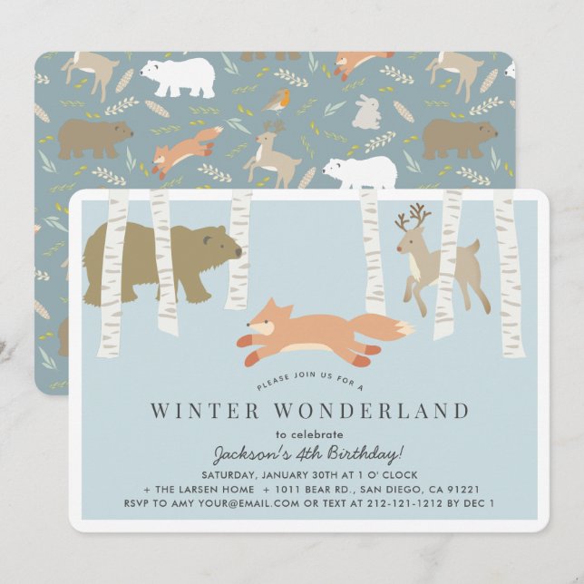 Woodland Winter Wonderland Blue Birthday Invitation (Front/Back)