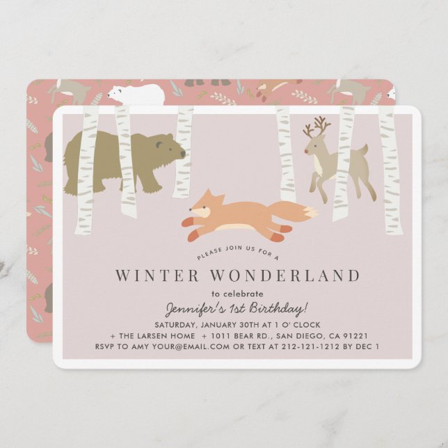 Woodland Winter Wonderland Pink Girl Birthday Invitation (Front/Back)