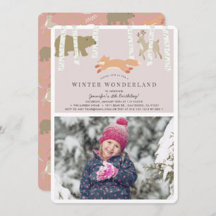 Woodland Winter Wonderland Pink Photo Birthday Invitation