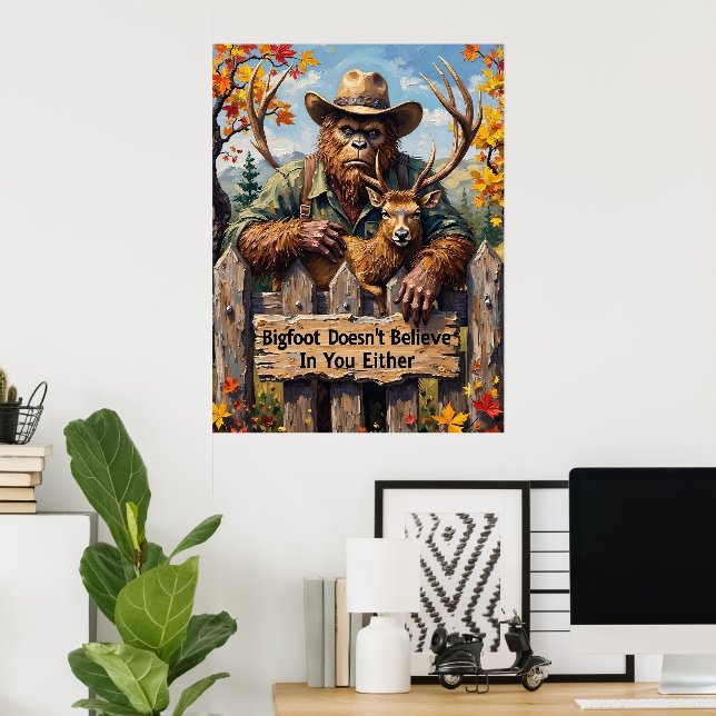 Woodland Wisdom: Bigfoot, Elk, and the Fence  Poster (Home Office)