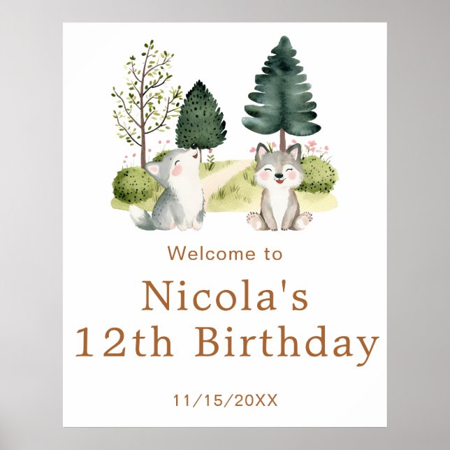 Woodland Wolf Birthday Party Welcome Poster (Front)