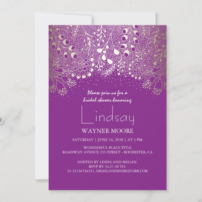 Woodland - Wonderland Purple Gold Bridal Shower Invitation (Front)