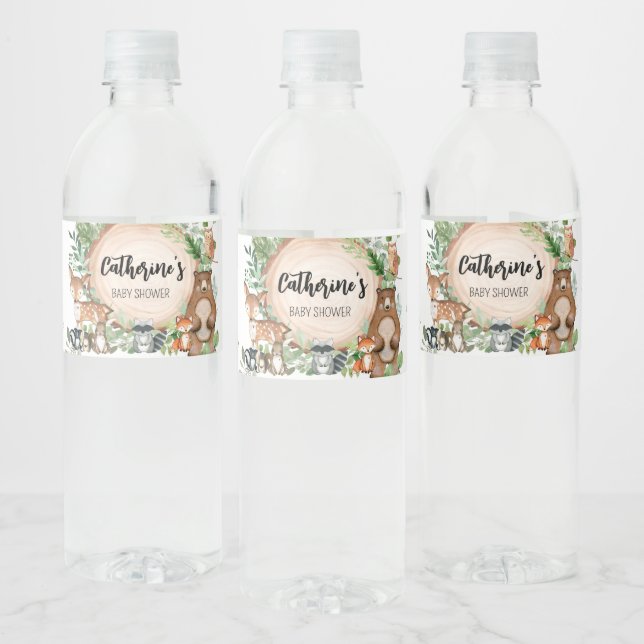 Woodland Wood Slice Baby Shower Water Bottle Label (Bottles)