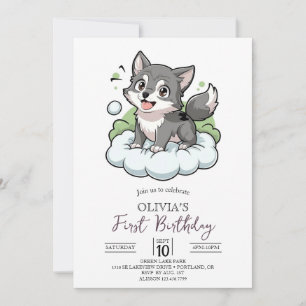Woodland Woods Digital Wolf 1st Birthday Invitation