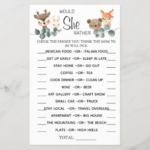 Woodland Would She Rather baby shower game card