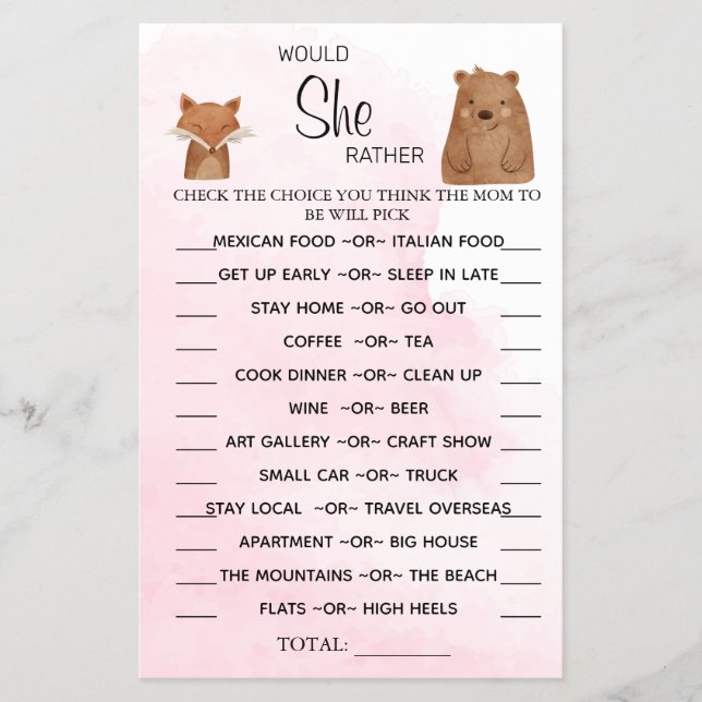Woodland Would She Rather baby shower game card (Front)