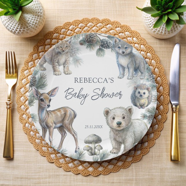 Woodlands cute baby animals baby shower customised paper plate (Woodlands cute baby animals baby shower customized monogrammed paper plates personalized table decor)