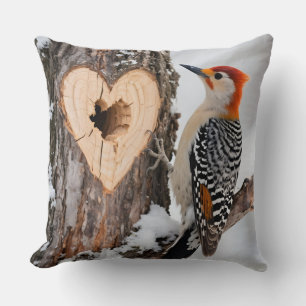 Woodpecker Beside Heart-Shaped Tree Hole Cushion