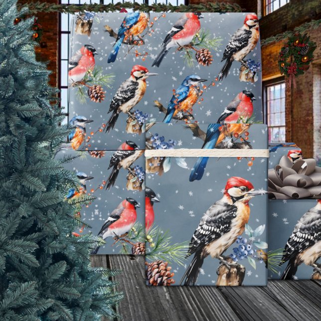 Woodpecker Bullfinch Blue Bird First Winter Snow Wrapping Paper (Woodpecker Bullfinch Blue Bird First Winter Snow Wrapping Paper Rolls)