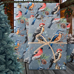 Woodpecker Bullfinch Blue Bird First Winter Snow Wrapping Paper Sheet