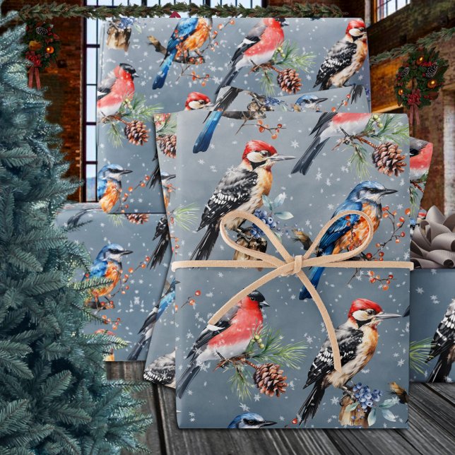 Woodpecker Bullfinch Blue Bird First Winter Snow Wrapping Paper Sheet (Woodpecker Bullfinch Blue Bird First Winter Snow Wrapping Paper Sheets Trio)