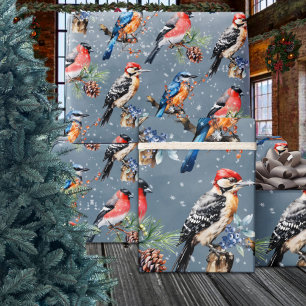 Woodpecker Bullfinch Bluebird First Winter Snow Wrapping Paper